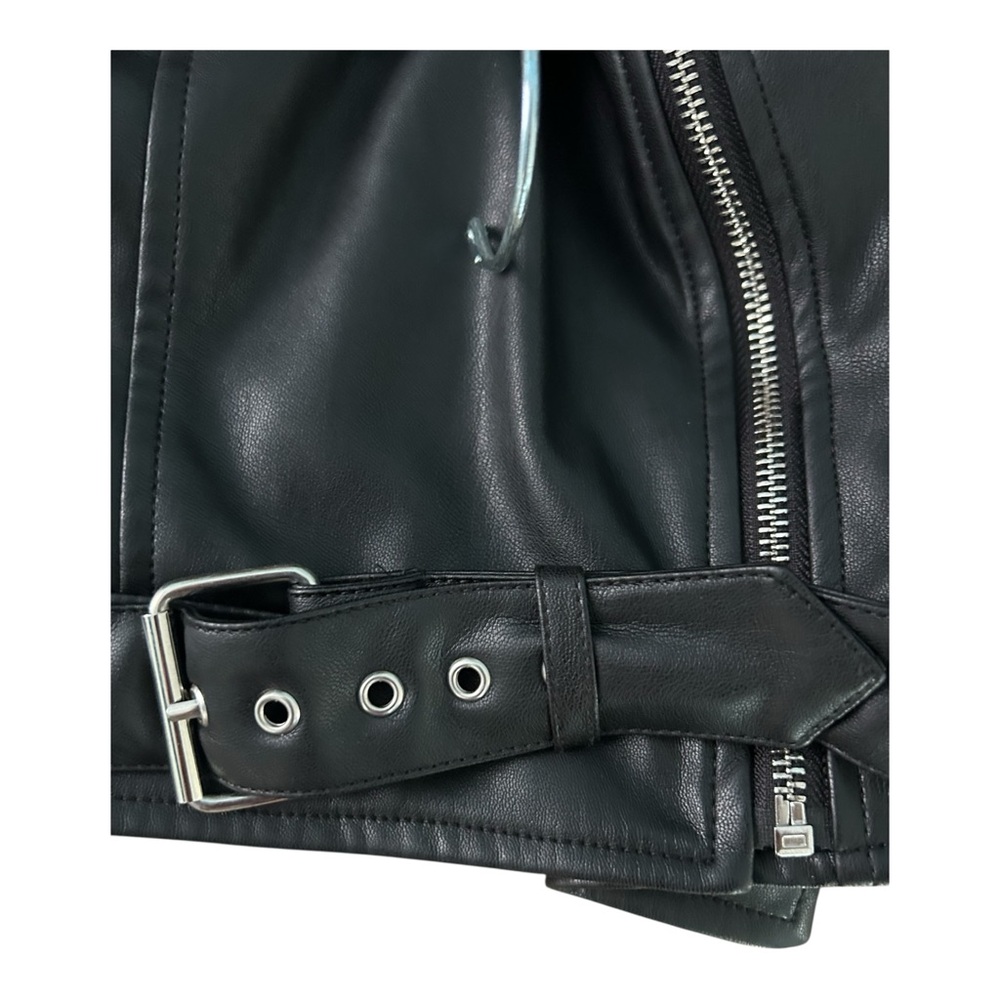 Bebe Black Faux Leather Moto Jacket Sz S Black w/Floral Detail Studded Zippers - Picture 7 of 10